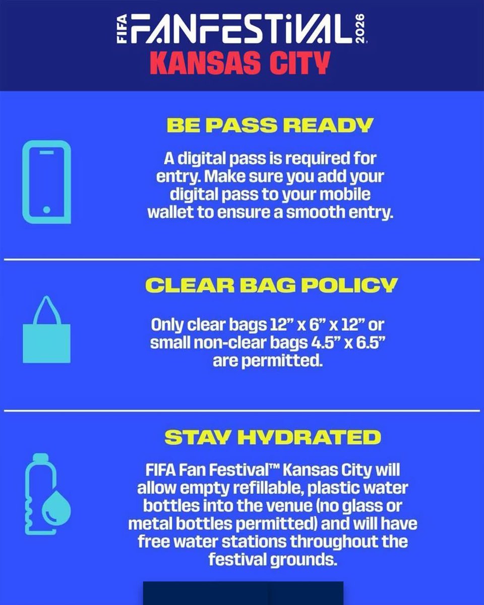 FWC26KansasCity's tweet photo. Another big day for the world’s game in Kansas City 🌍

Check out today’s schedule, plan your visit, and get ready for an unforgettable matchday. Don’t forget, all bags must comply with the clear bag policy before entering the venue!

Know before you go: https://t.co/4EodO0Lrre

#FIFAFanFestival #FIFAWorldCup #WeAreKansasCity #WeAre26