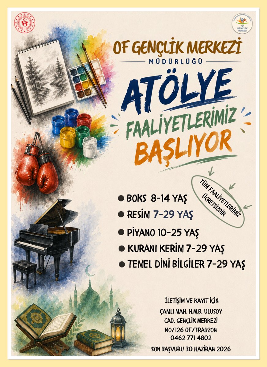 GSB_OFGM's tweet photo. 🎉 HAZIR MIYIZ GENÇLER? 😊😊

Gençlik Merkezimizde başlayacak olan ÜCRETSİZ Atölyelerimiz için kayıtlarımız başladı! 🎨🎹🥊📚

Kendini geliştirmek, yeni beceriler kazanmak ve keyifli vakit geçirmek için sen de aramıza katıl! 

📅 Son Başvuru Tarihi: 30 Haziran 2026 https://t.co/ngjr2KcmjL