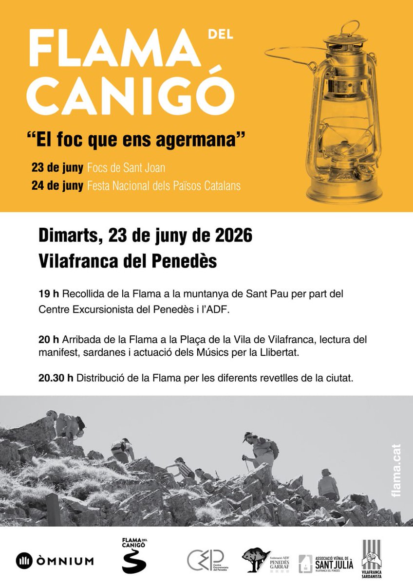 tvidalr's tweet photo. 🔥🔥 La Flama del Canigó a Vilafranca 🔥🔥

🗓 Dimarts, 23 de juny

Recollida de la Flama i Inici Baixada a Vilafranca
🕖 7 h tarda
📍 Muntanya de Sant Pau

Arribada i Acte Recepció de la Flama
🕗 8 h tarda
📍Pl. de la Vila, Vilafranca

Tot seguit: Distribució de la Flama https://t.co/TyOyFbaSci