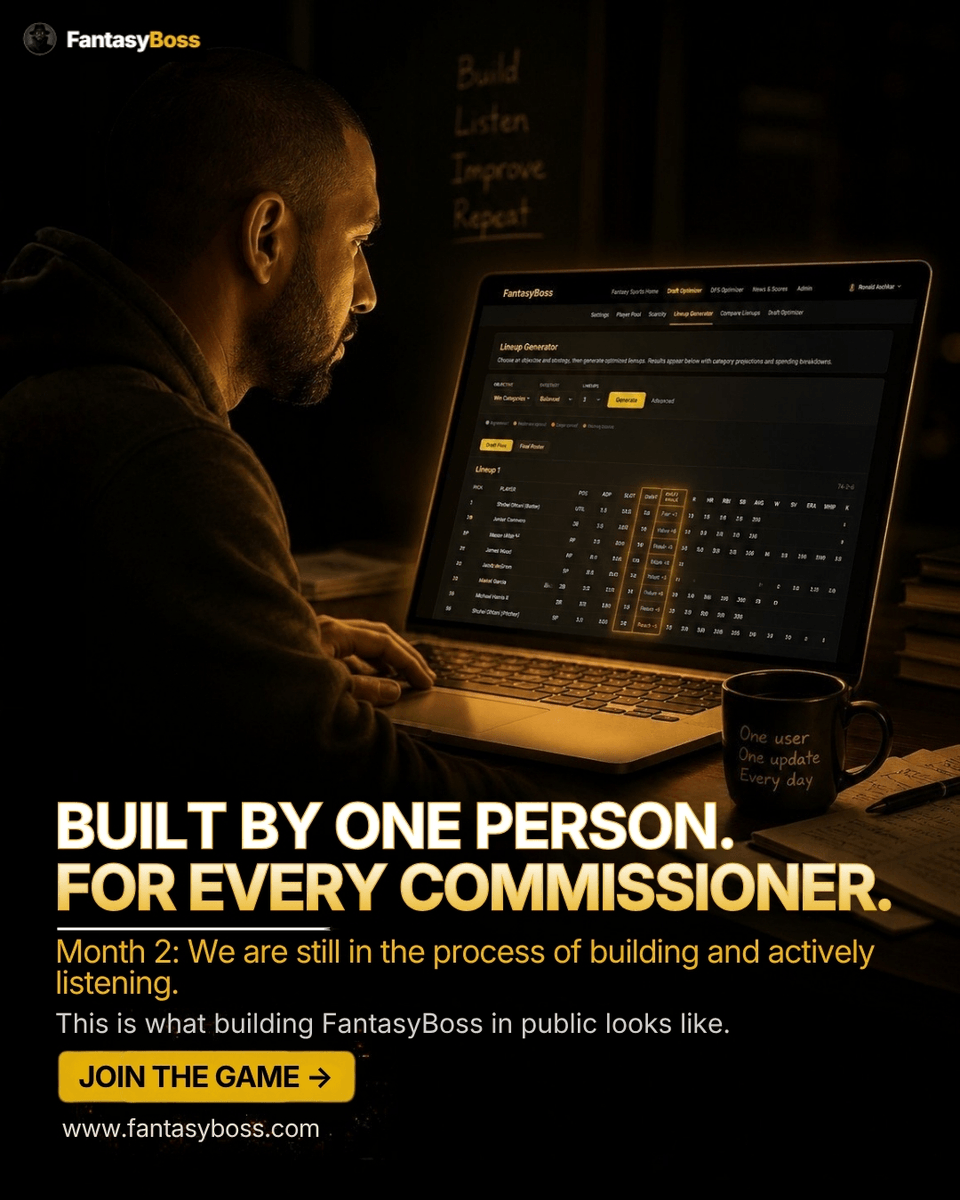 FantasyBoss's tweet photo. BUILT BY ONE PERSON. FOR EVERY COMMISSIONER.
 Month 2: We’re still building, listening, and iterating in public.
This is what building FantasyBoss in real-time looks like — one platform, full control, and designed for commissioners who demand more from their leagues. https://t.co/HTcffDDDQ9