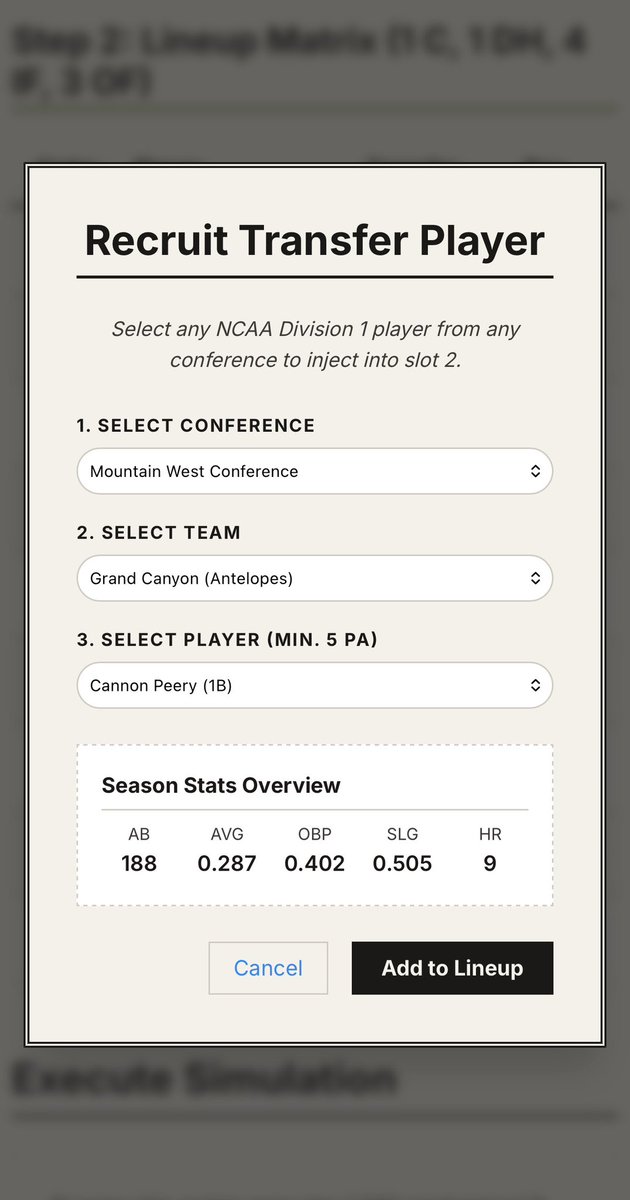 scottwatkinsTU's tweet photo. Major update to the lineup builder at https://t.co/qWRAV3yy7u.

You can now add any D-I player to any lineup and run the sim. There’s also an option to add an NCAA average bat to cover attrition or experiment with.

Mobile now provides a screenshot friendly result screen, too. https://t.co/OtfCGsqexd