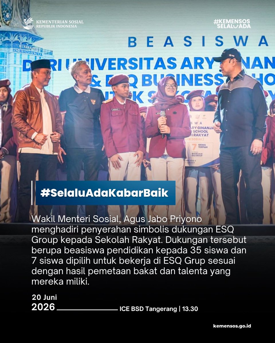 KemensosRI's tweet photo. Bertempat di ICE BSD Tangerang, Wamensos Agus Jabo Priyono menghadiri penyerahan dukungan ESQ Group untuk Sekolah Rakyat. Melalui sinergi ini, 35 siswa menerima beasiswa pendidikan dan 7 siswa terpilih bersiap kerja di ESQ Group sesuai bakat dan minat mereka! 
#SelaluAdaKabarBaik https://t.co/EEpfJX7OfV