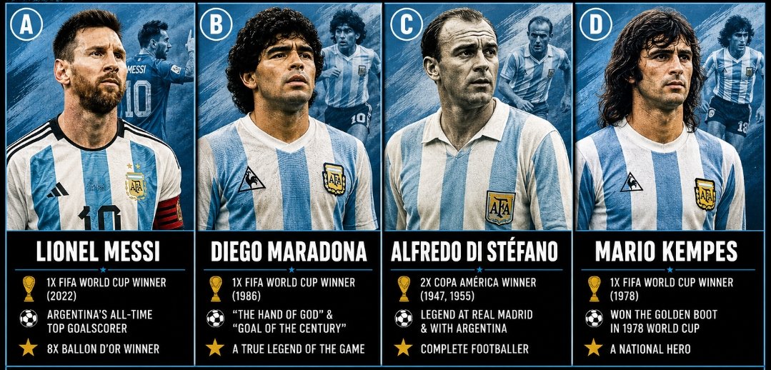 Footballxfever's tweet photo. 🇦🇷 ARGENTINA'S GREATEST PLAYER EVER? 🇦🇷

No nostalgia. No bias. No second chances.

Who are you picking? 👀🐐

A) Lionel Messi
B) Diego Maradona
C) Alfredo Di Stéfano
D) Mario Kempes

Drop your vote and defend it. 👇🔥 https://t.co/vW3U3eAgzM