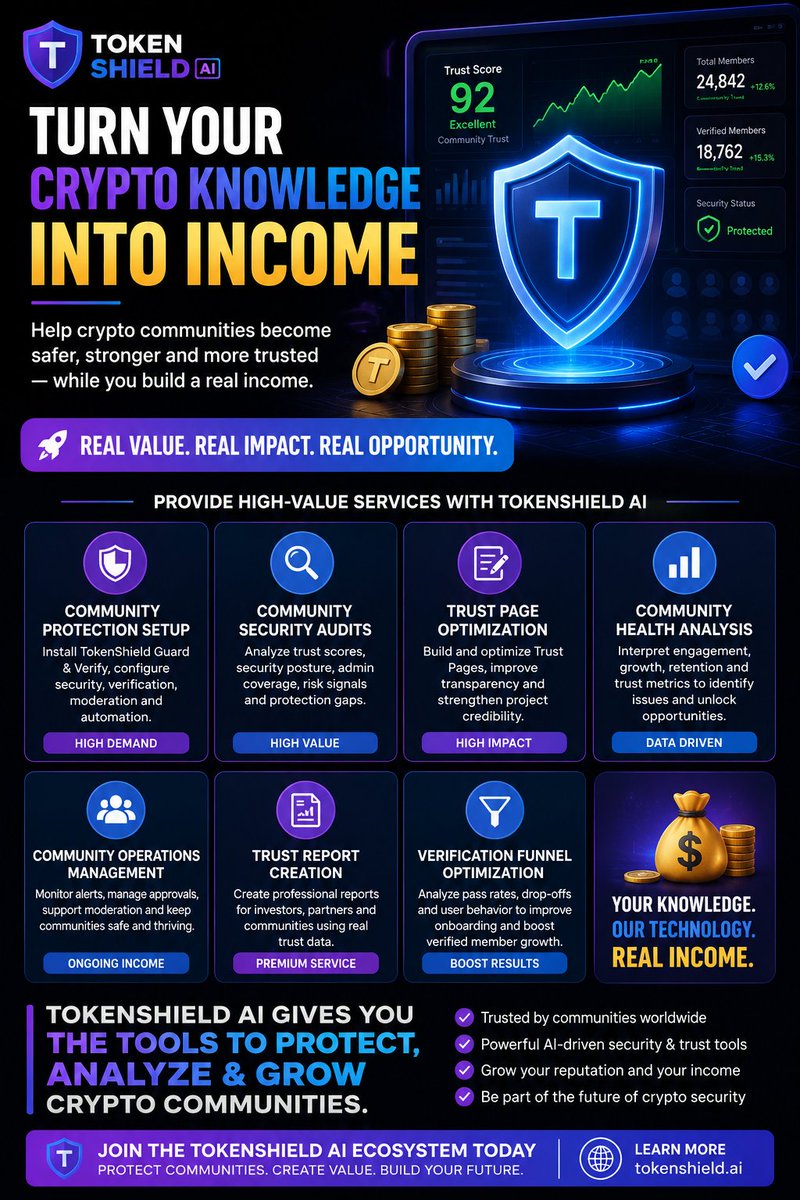 MR_BERT_IMPACT's tweet photo. Most people look at crypto and think about trading.

Few people think about the opportunities being created around crypto communities.

Every day, thousands of communities struggle with:

• Security threats • Fake accounts • Sybil attacks • Poor onboarding • Low retention • Lack of transparency • Weak community trust

What if you could help solve those problems and get paid for it?

That's one of the visions behind TokenShield AI.

We're building tools that help crypto communities become safer, more transparent, and more trusted.

But we're also building opportunities for people who want to provide value.

With the tools available today, service providers can already help communities with:

✅ Community Protection Setup

Install and configure TokenShield Guard & Verify.

✅ Community Security Audits

Analyze trust scores, security posture, risk signals, and protection gaps.

✅ Trust Page Optimization

Help projects build transparency and credibility through public Trust Pages.

✅ Community Health Analysis

Interpret engagement, growth, retention, and trust metrics.

✅ Verification Funnel Optimization

Improve onboarding, reduce drop-offs, and increase verification success rates.

✅ Community Operations Management

Monitor communities, manage approvals, and support moderation workflows.

The long-term vision goes even further.

Imagine an ecosystem where security consultants, trust analysts, community managers, auditors, growth specialists, and crypto professionals can build reputations and businesses around helping communities succeed.

Not just another crypto platform.

A Trust Economy for crypto communities.

The future belongs to communities that are transparent, protected, and trusted.

And the people who help build that future will have opportunities to grow with it.

🌐 https://t.co/7Sg7OzlyhB

#Crypto #Web3 #Blockchain #DeFi #AI #CryptoCommunity #Telegram #CommunityManagement #CyberSecurity #TrustAndSafety #CryptoSecurity #TokenShieldAI #Web3Builder #CryptoGrowth #CryptoMarketing #BlockchainTechnology #ArtificialIntelligence #Startup #CryptoProjects #BuildInPublic