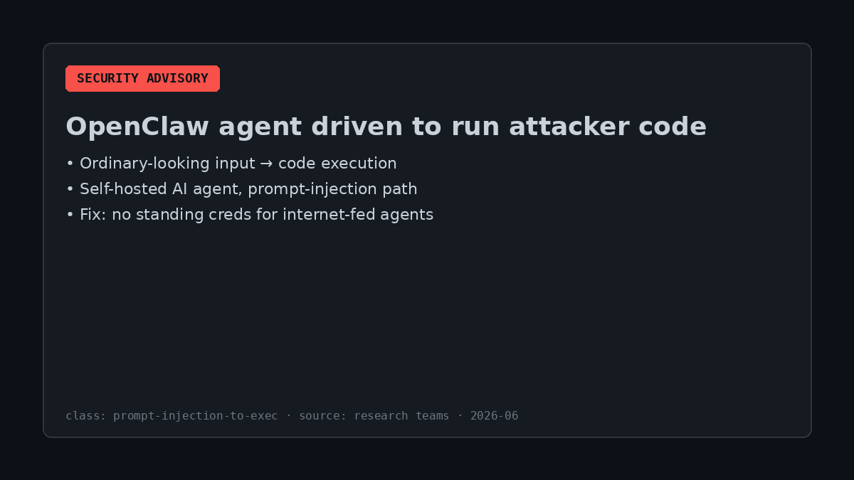 modernmindai's tweet photo. Researchers made OpenClaw, a self-hosted AI agent, run attacker code from normal-looking input. Lesson: never hand an internet-fed agent real credentials. It will believe anyone. #CyberSecurity #AIAgents #InfoSec https://t.co/FLGrePDp72