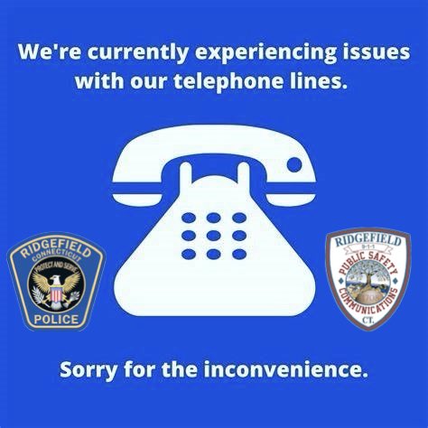 RidgefieldCTPD's tweet photo. Our routine phone lines are currently not working. For any emergencies, dial 911. We apologize for any inconveniences. We will update you when they're back in service. 

Town of Ridgefield, CT
Ridgefield Professional Firefighters https://t.co/TYTcgFQCJP