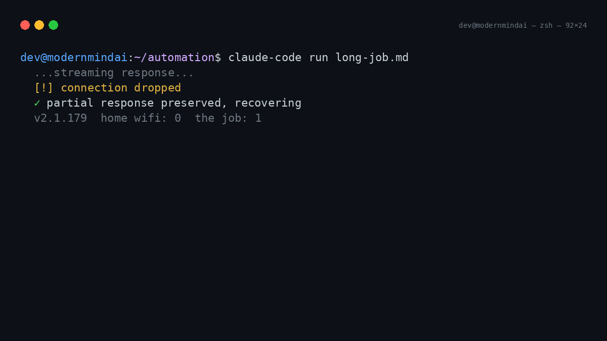 modernmindai's tweet photo. Claude Code 2.1.179 means a dropped connection no longer nukes a half-finished run. My home wifi has caused more outages this year than any cloud provider. Now the job survives. #AI #ClaudeCode #ITLife https://t.co/3mQ3q2A7OL