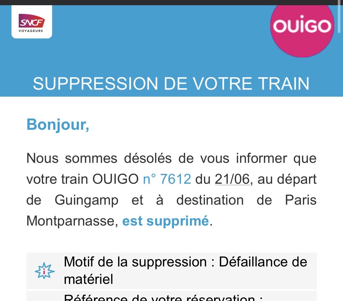 morvinho22's tweet photo. @OUIGO @SNCF Train supprimé la veille pour le lendemain. Zéro solution de remplacement. Zéro considération pour les voyageurs qui ont des contraintes professionnelles, familiales ou financières. 2ᵉ fois en 3 semaines. Vous transformez chaque réservation en pari. 
@JeanCASTEX https://t.co/kpIBGRdUQE