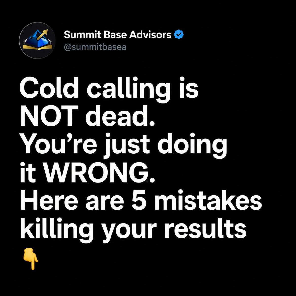 summitbasea's tweet photo. Cold calling is NOT dead. You're just doing it WRONG. Here are 5 mistakes killing your results 📷

#ColdCalling #SalesTips #PhoneSales #SalesStrategy #SummitBaseAdvisors #SalesCoach #Entrepreneur #ClosingDeals #MakeTheCall #SalesTraining https://t.co/ZV7ZvfAvBd