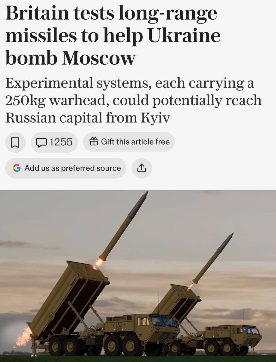 jurgen_nauditt's tweet photo. Great Britain is testing new long-range missiles that could be supplied to Ukraine to strike targets deep within Russian territory—including Moscow. – The Telegraph

The missiles are designed to carry a 250 kg warhead and have a range of up to 482 km. They are being developed without US components to circumvent US restrictions on export and deployment.

The first of the new missile systems could arrive in Ukraine within a year.