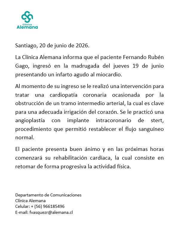 LaVozAzulLT's tweet photo. 🚨ÚLTIMO MINUTO | La Clínica Alemana emitió un comunicado sobre la situación de Fernando Gago y confirma el agudo infarto al miocardio, razón por la cual se le realizó la intervención quirúrgica, ahora comenzará la rehabilitación para incorporarse a Universidad de Chile.

#VamosLaU #LocuraTotal 🔵🔴🤘🏻