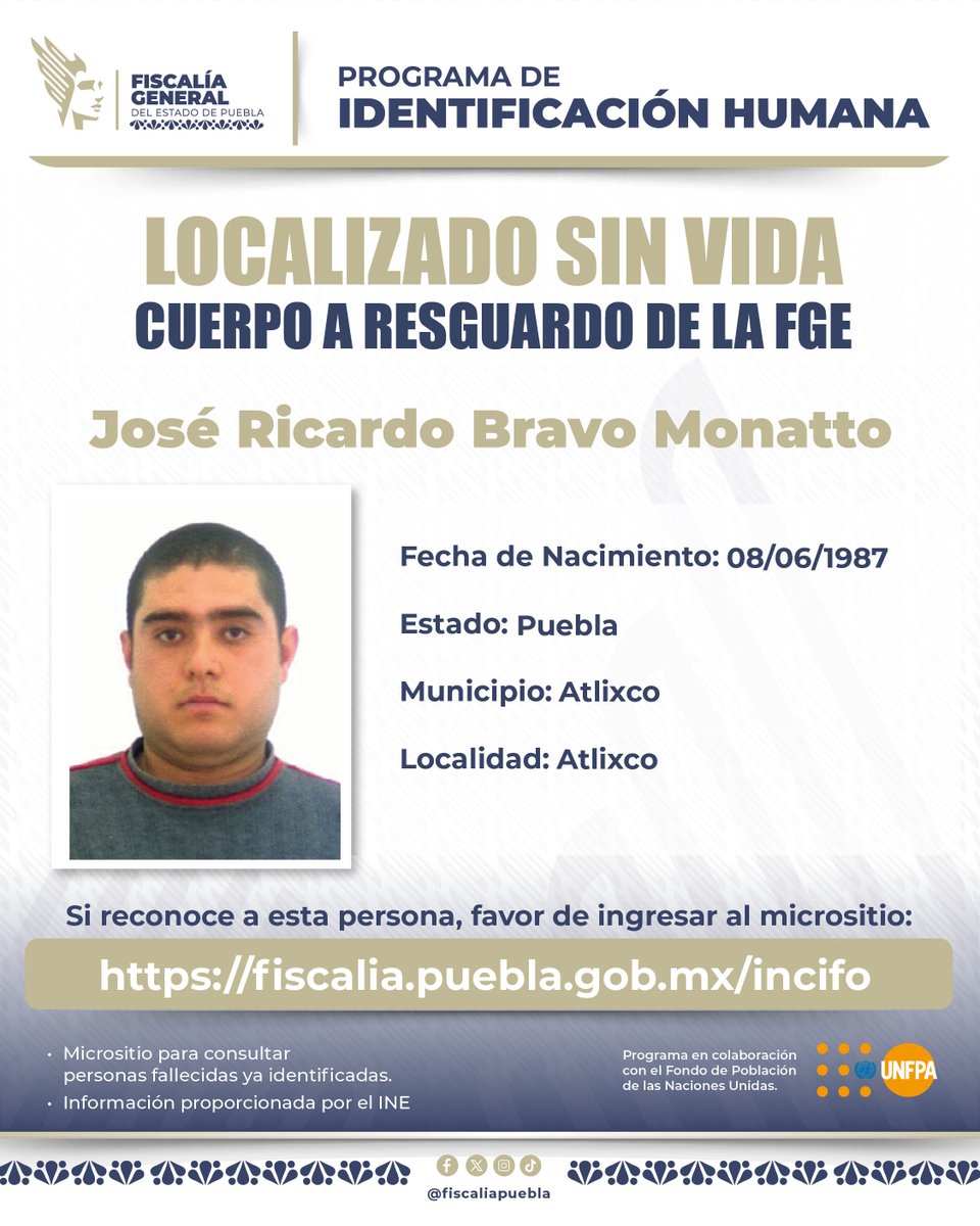 FiscaliaPuebla's tweet photo. La Fiscalía General del Estado de Puebla informa que las siguientes personas fueron localizadas sin vida. Si las reconoce o cuenta con información que ayude a contactar a sus familiares, le invitamos a comunicarse con esta institución.  

Más información: https://t.co/3JEJvZQbes https://t.co/KFcuqcwzrQ