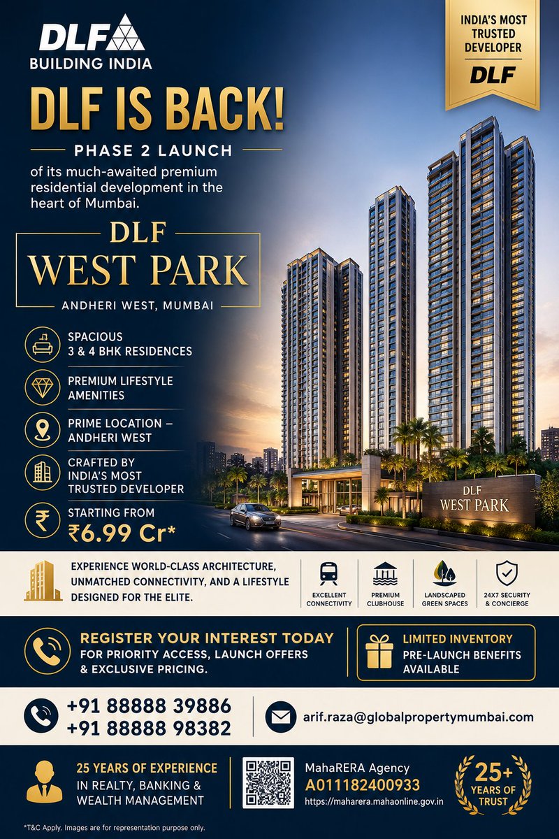 GlobalRealtyMum's tweet photo. 📞 Register Your Interest Today for:
Priority Access
Exclusive Launch Offers.
Contact
📱 +91 88888 39886
📧 arif.raza@globalpropertymumbai.com
MahaRERA : A011182400933

#DLFWestPark #DLFMumbai #AndheriWest #LuxuryHomesMumbai #MumbaiRealEstate #DLFPhase2 https://t.co/MuCbPCWowc