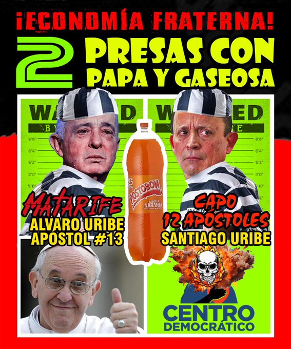 CodigoAlarma's tweet photo. @AlvaroUribeVel 🔴#EconomíaFraterna #2PresasConPapayGaseosa  #MatarifeCapo12Apóstoles Cárcel 28 Años a #SantiagoUribe hermano de #MatarifeApostol13 #Uribeños operaron #Los12Apóstoles #MayorPolicía Juan Carlos Meneses #Cantó: Capos del terror son #MatarifeApostol13 y el #ElApóstolSantiagoUribe. https://t.co/zioEO7TeHs