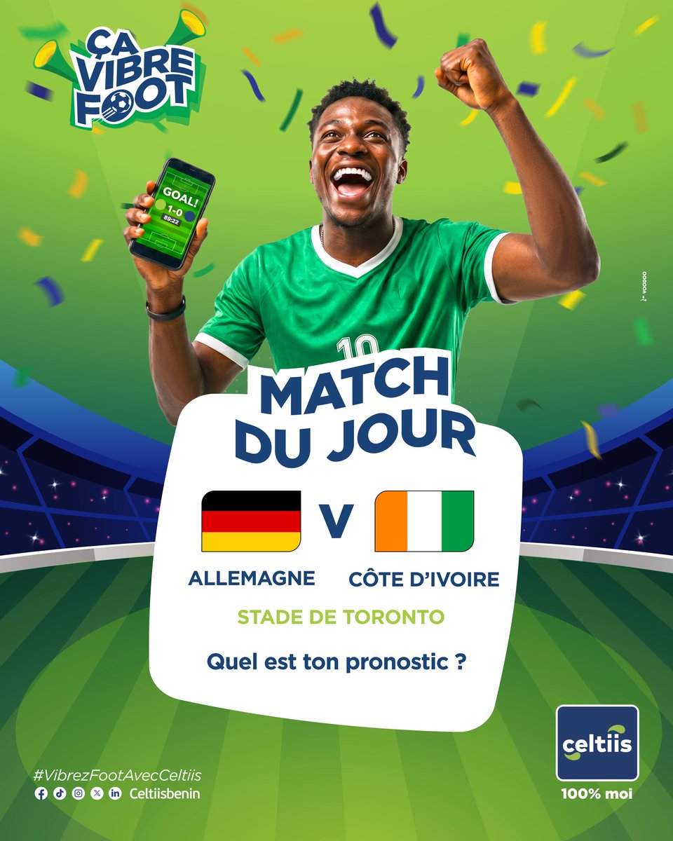 celtiisbj's tweet photo. 🇩🇪 Allemagne 🆚 Côte d’Ivoire 🇨🇮 : un duel qui s’annonce riche en émotions !

Qui va s’imposer au coup de sifflet final ?

👉 Donne ton pronostic en commentaire !

#VibrezFootAvecCeltiis #Celtiis100PourCentMoi #1erOperateurGlobal https://t.co/RvPAju7UBz
