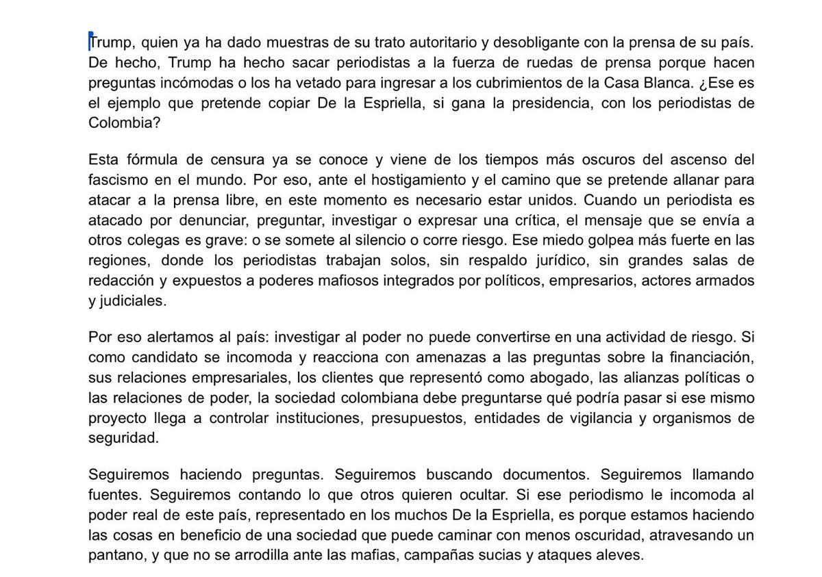 RadNalCo's tweet photo. #Actualidad | Más de 150 periodistas, comunicadores y columnistas firmaron una carta titulada “La libertad de expresión no se amenaza ni se encarcela”, en la que rechazan la presunta persecución a la prensa por parte del candidato de derecha Abelardo de la Espriella.

Denuncian acoso judicial, digital y personal contra quienes investigan o cuestionan al abogado, especialmente en lo relacionado con sus vínculos, clientes, antecedentes y financiación de campaña.

En la misiva se citan casos como el de Beto Coral, activista capturado en Estados Unidos, y las presuntas intimidaciones contra el periodista Daniel Coronell.