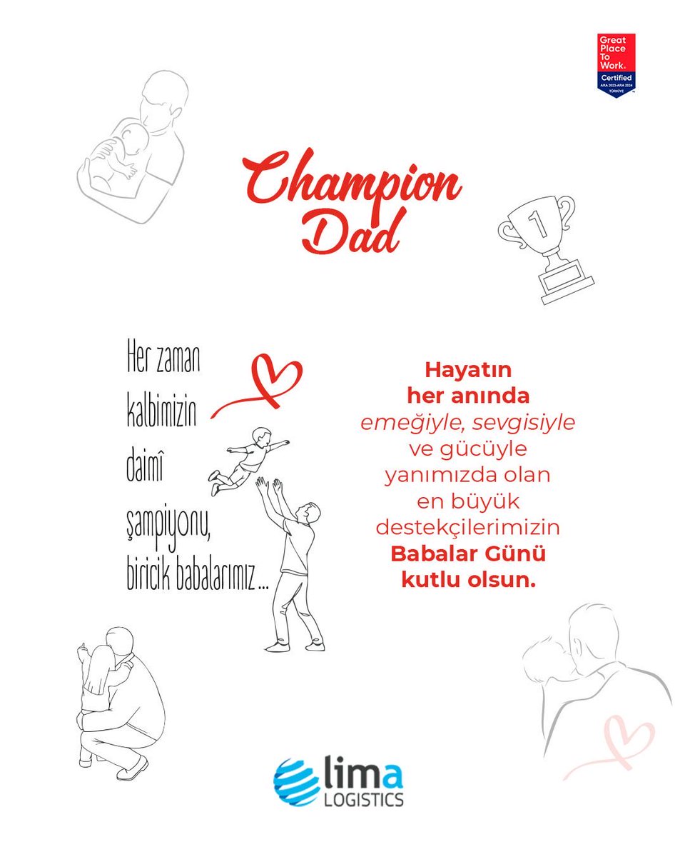 Limalojistik's tweet photo. Her zaman emeğiyle, sevgisiyle gönlümüzün şampiyonu babalarımızın Babalar Günü kutlu olsun.💪❤️🎉
 
Happy Father’s Day to all fathers, who are always the champions of our hearts with their dedication and love.💪❤️🎉
.
.
.
#limalogistics #limaeurope #limagreen #babalargünü https://t.co/WYGDj5QVom
