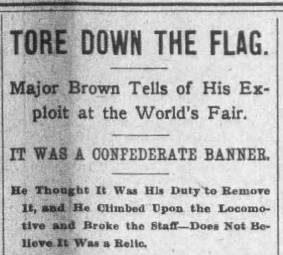 e_joseph_murphy's tweet photo. I remember when a Union vet tore a Confederate flag off of the General at the 1893 Chicago World’s Fair.

“Why any one…should deliberately display a flag…anywhere…which never did &amp; never can mean anything else but treason, rebellion, &amp; human slavery, I could not understand.” https://t.co/Z4bwakvs5U