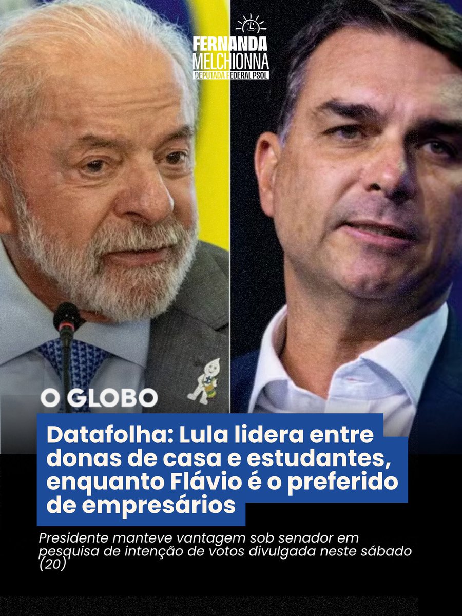 fernandapsol's tweet photo. A pesquisa é sintomática: mulheres e estudantes com Lula, os empresários e a elite com Flavio. Que o povo siga identificando que a extrema direita é a cara mais podre do capitalismo, austeridade sem liberdades democráticas. Vamos derrotá-los! https://t.co/grybe7BDKL