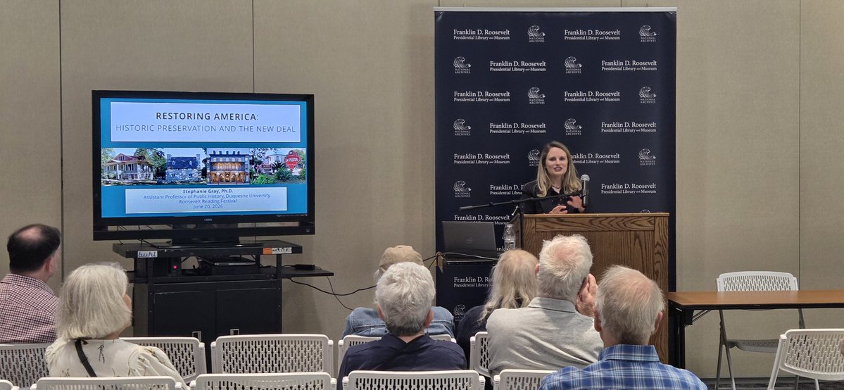 FDRLibrary's tweet photo. Stephanie Gray presents on her book "Restoring America: Historic Preservation and the New Deal" #rooseveltreadingfestival https://t.co/L3hYSiss1O
