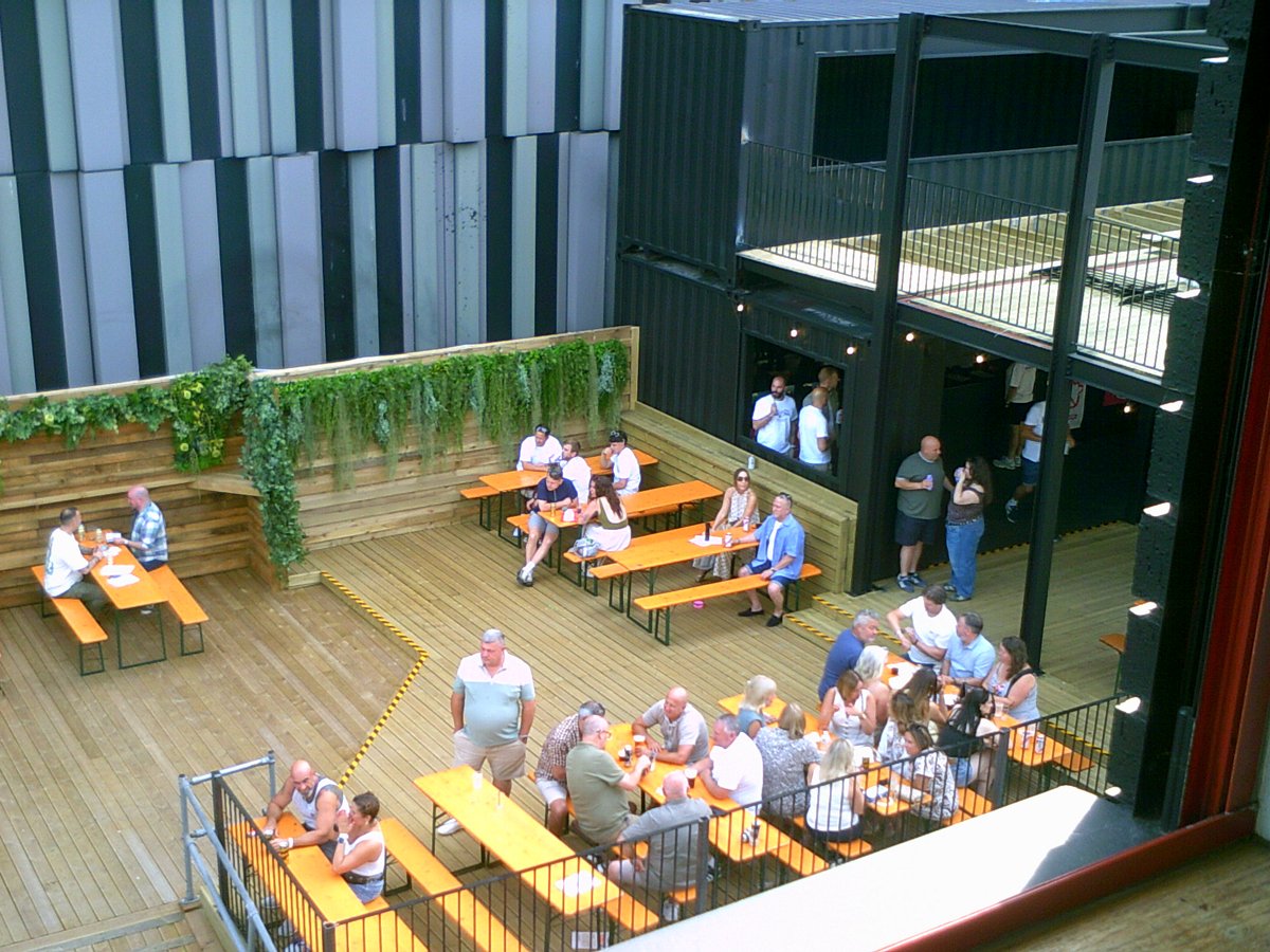 DonSimonEsq's tweet photo. Wow wow wow, folk's we pulled it off the 'Earls Yard' venue space is finally up &amp; running, &amp; open business, just in time for the world cup football '26. Who'd av thought we could av gone from what was well, a builders yard @ 5am to mint venue, a few bits to finish but awesome. 🫶 https://t.co/Ou0QEUvz3s