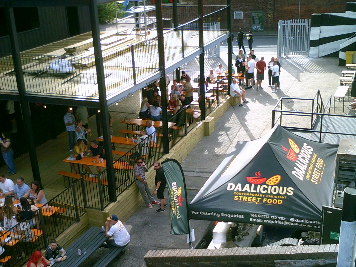 DonSimonEsq's tweet photo. Wow wow wow, folk's we pulled it off the 'Earls Yard' venue space is finally up &amp; running, &amp; open business, just in time for the world cup football '26. Who'd av thought we could av gone from what was well, a builders yard @ 5am to mint venue, a few bits to finish but awesome. 🫶 https://t.co/Ou0QEUvz3s