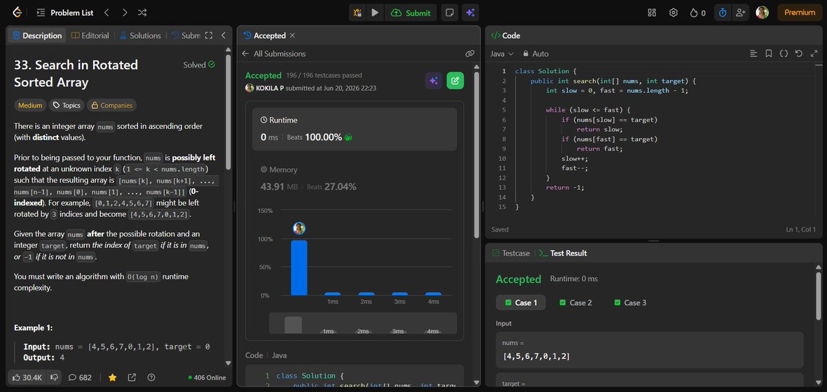 Koki_4241's tweet photo. Day 20/45 of #SDESheetChallenge

✅ N-th Root of an Integer
✅ Matrix Median
✅ Single Element in a Sorted Array
✅ Search in Rotated Sorted Array

A complete Binary Search day.

@striver_79 @takeUforward_  #SDESheetChallenge #LeetCode #DSA #Java #BinarySearch https://t.co/eAxo5rQS5P