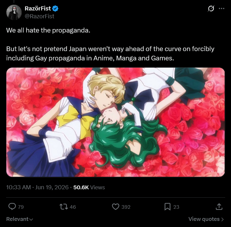 beaver95181's tweet photo. @NNook0480757 @Cranberryscause Razorfist called the Japanese propagandist because of two girl together in Sailor moon i believe. I hate yuri, but by God this is a retarded argument https://t.co/1rI9x93HzV
