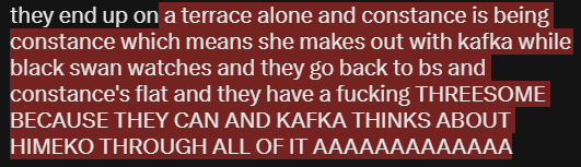 pompomfanclu3's tweet photo. thinking about random things i want to include in tfn and one of them is kafka at a work party and black swan with her WIFE constance and they all end up getting tipsy because kafka has been meeting himeko for months and she didnt manage to ask her out and

⟅ #hsr #hsrtwt ⟆ https://t.co/nh7Bsh0shX