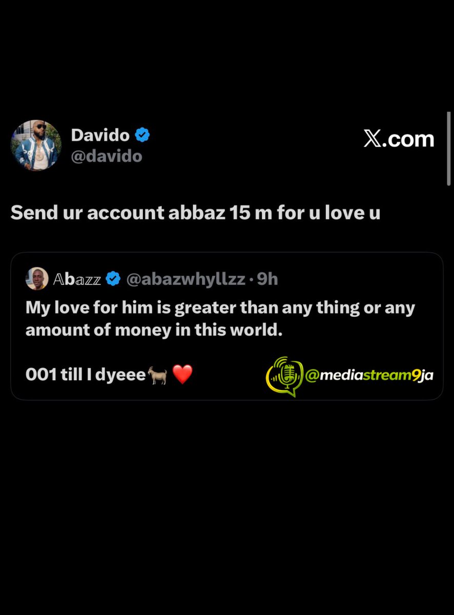 mediastream9ja's tweet photo. Davido gifts fan Abbazz ₦15 million on X. Baddest 🙌😅 https://t.co/AkagZfHbF3