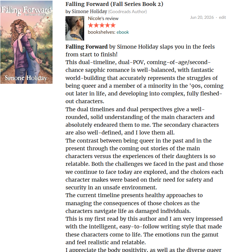 learavoice's tweet photo. My latest ARC review is up. This 5 star read is already available. https://t.co/AcjNOWCzTE

Falling Forward by Simone Holiday slaps you in the feels from start to finish! https://t.co/QHEQgBL0OA