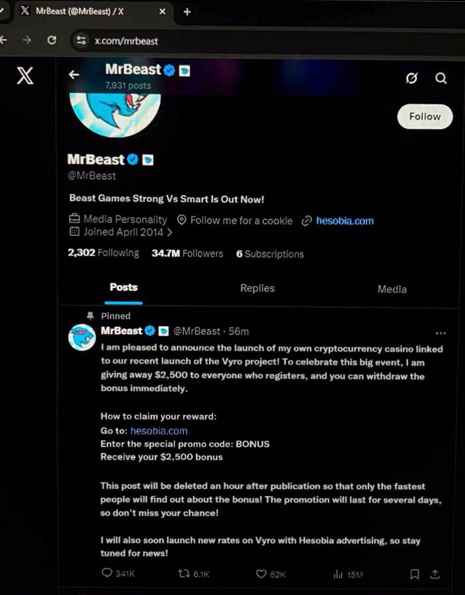 isaadala's tweet photo. eu hoy me llego un mensaje de un amigo mostrándome un supuesto casino virtual de @MrBeast  en el que si ingresabas automáticamente te regalaban $2500 y que es vigente "de vez en cuando"... 
ES ESTAFA,mi amigo no me mandó nada,y le cerraron la cuenta de discord no entren al link. https://t.co/BMx968XP4y