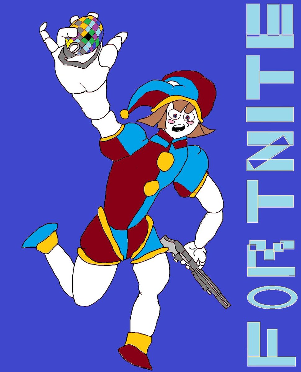 KingjonHammond's tweet photo. Pomni with a shotgun and a boogie bomb and also my first time drawing any known characters🧡🩷#fortnite #pomnifanart #tadc #art #pomnifortnite #pomni https://t.co/qJFKpxIcoN