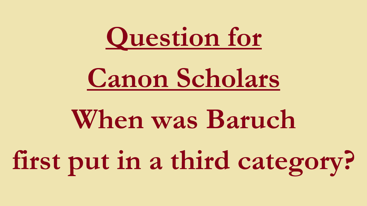 CanonCrossfire's tweet photo. Which canon list first names Baruch in its third category? Was it ever done in the Middle Ages, or not until after the Reformation?  

From my book Canon Crossfire: “Something else is also clear, when we look solely at Baruch and not at the Apocrypha as a group [meaning the Catholic Deuterocanon]: with respect to Baruch (and, in fact, Susanna, as briefly mentioned above) there is no third category (the three categories being Scripture, not Scripture, and something in between = Apocrypha), no Ecclesiastical, no “only to be read and not to be used to confirm doctrine,” nothing like that at all. Baruch is either full canonical Scripture or it is not, and it is that way for every single Father, including Athanasius, Rufinus, and Jerome (the three Fathers most often cited as support for a “third category” of Books), and also including Epiphanius, Cyril of Jerusalem, Gregory of Nazianzus, Amphilochius of Iconium, and the Apostolic Canons (additional Fathers occasionally cited as support for a third category).” 

@drjohnmeade
@michaeljkruger
@TextandCanon 
@pjgurry
