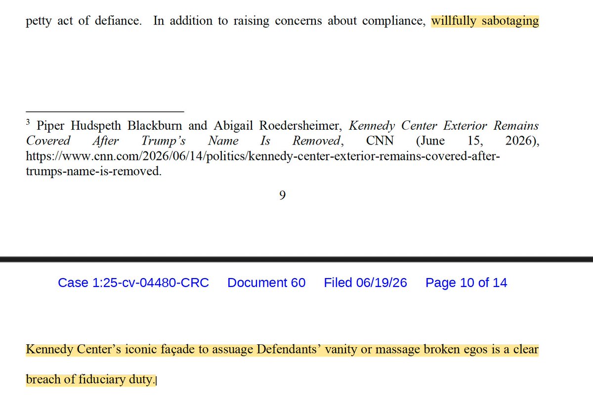 rparloff's tweet photo. Plaintiffs in the Kennedy Center renaming case ask judge to order Trump to explain what the tarp/scaffolding is about. "Willfully sabotaging the KC's iconic facade to assuage Defendants' vanity or massage broken egos is a clear breach of fiduciary duty."
https://t.co/2kbArjhhJC https://t.co/AP5YqjDCwX