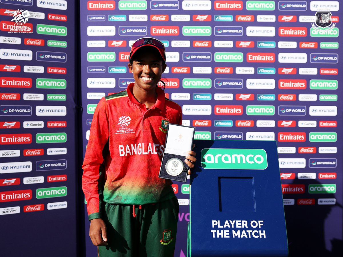 BCBtigers's tweet photo. Player of the Match: Shorna Akter (Bangladesh) 38 off 22
 
Bangladesh Women won by 23 runs | ICC Women’s T20 World Cup England and Wales 2026 | Bangladesh Women 🆚 Pakistan Women
 
Photo credit: ICC/Getty Images

#BCB #ICC #Tigresses #T20WorldCup https://t.co/csBE9SF3Ds