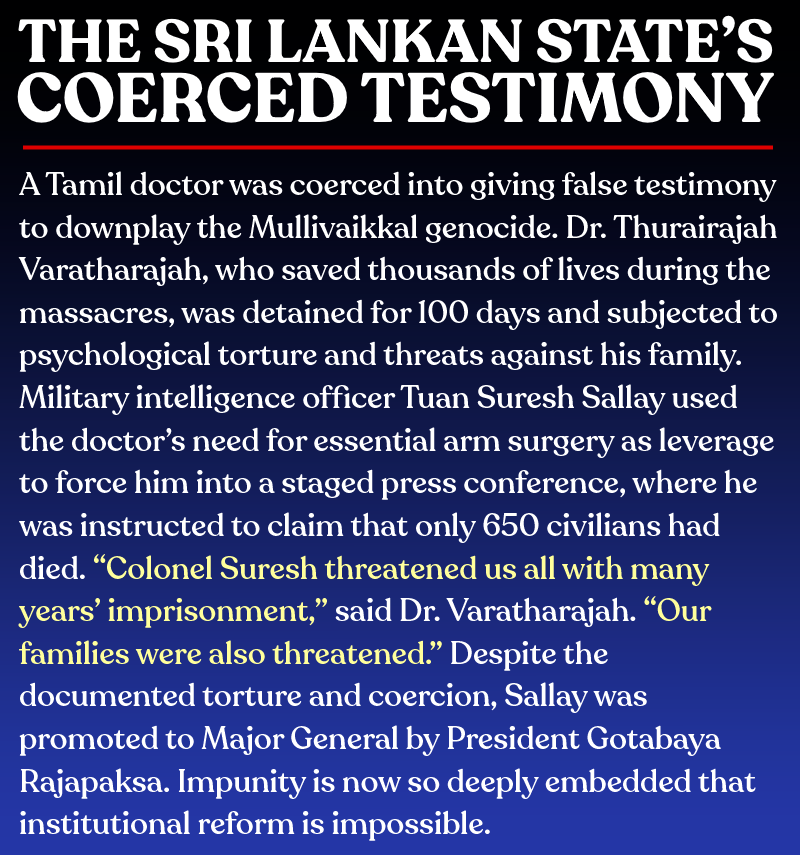 urfavthambi's tweet photo. 🇱🇰 For those who deny Tamil genocide, why did GoSL coerce a doctor into claiming only 650 died at Mullivaikkal? He was detained for 100 days, denied surgery, and his family was threatened.
 
The officer who did it was later promoted. 

#EelamNews #Mullivaikkal #TamilGenocide #LKA https://t.co/bPLe2MNp3f