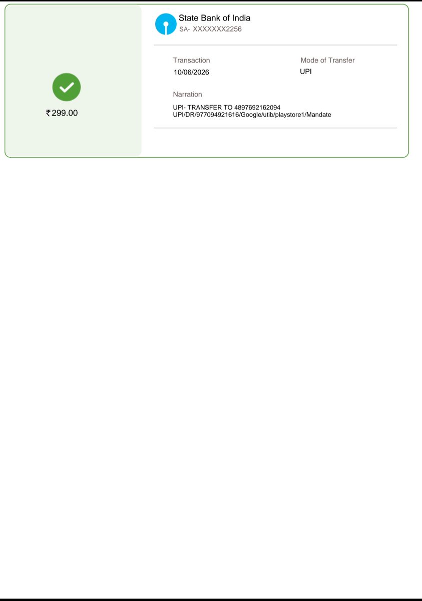 Sumitku915522's tweet photo. @TheOfficialSBI Dear SBI,

₹299 was debited from my SBI account on 10 June 2026 through PhonePe UPI AutoPay for a Google/YouTube payment. However, Google/YouTube has informed me that they have not received the payment. I have the UTR number and PhonePe transaction details. https://t.co/LndGHnlYcU