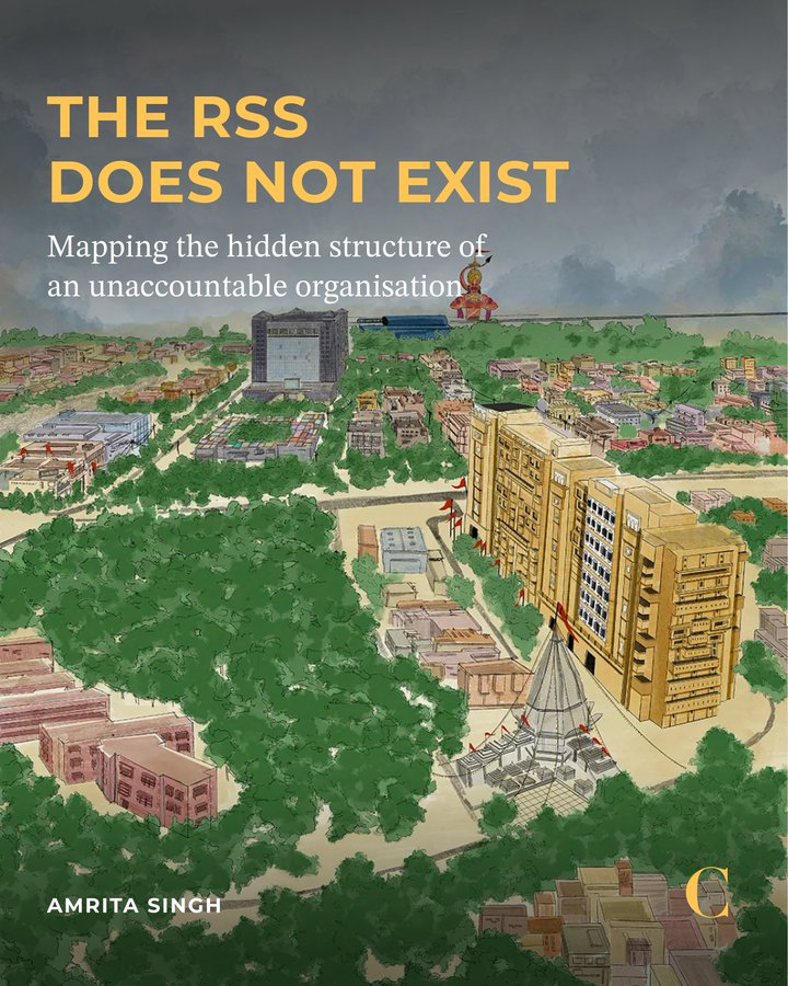 thecaravanindia's tweet photo. Archives | Keshav Kunj is the perfect metaphor for what the RSS is today: immense in scale and ambition, but built to evade scrutiny. Through interviews with various Sangh officials, members of its affiliates, local residents and scholars—as well as by perusing court judgments and archival documents— @singhamritaa was able to piece together a compelling picture of how the RSS acquires and controls land through temple trusts and its wide network of financiers. 

But the granular details of the project’s funders, what exactly happens inside and what laws it could be held accountable under were harder to pin down. This happens to be a feature and not a bug related to investigations into the RSS, an organisation that shapeshifts at its own convenience.

Mapping the hidden structure of an unaccountable organisation. Read now from our July 2025 issue: https://t.co/Krat9S1VGn