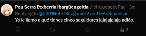 0301Net's tweet photo. @elregresodePau se ardió porque no tuvo recursos neuronales para seguir la discusión. Cree que los seguidores dan inteligencia. https://t.co/OjhaGli7LB
