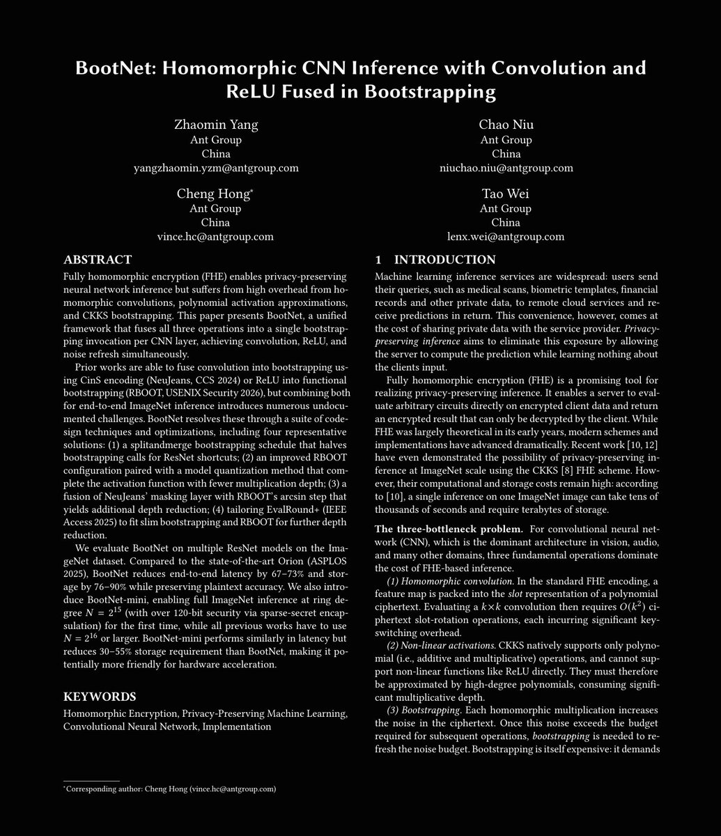 chaumian's tweet photo. BootNet: Homomorphic CNN Inference with Convolution and ReLU Fused in Bootstrapping https://t.co/FFoHSRF8AR https://t.co/EsgYGiCnJY