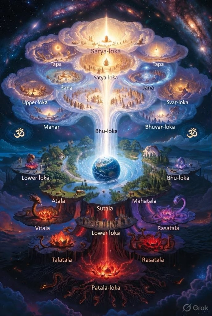vinufitnesworld's tweet photo. The Vedic cosmos is far more vast than the physical universe we perceive.

According to Sanātana Dharma, existence is arranged across multiple realms of consciousness known as the Lokas. Above Bhū-loka (Earth) lie the higher realms—Bhuvar, Svar, Mahar, Jana, Tapa, and Satya-loka—abodes of sages, devas, and enlightened beings. Below are the lower realms—Atala, Vitala, Sutala, Talātala, Mahātala, Rasātala, and Pātāla—each serving a distinct purpose within cosmic order.

These worlds are not merely places but dimensions of experience, karma, and spiritual evolution. The soul journeys through them according to its actions, awareness, and destiny.

The ultimate goal is not to ascend to a higher realm, but to transcend all realms and realize the eternal Self beyond birth, death, space, and time.