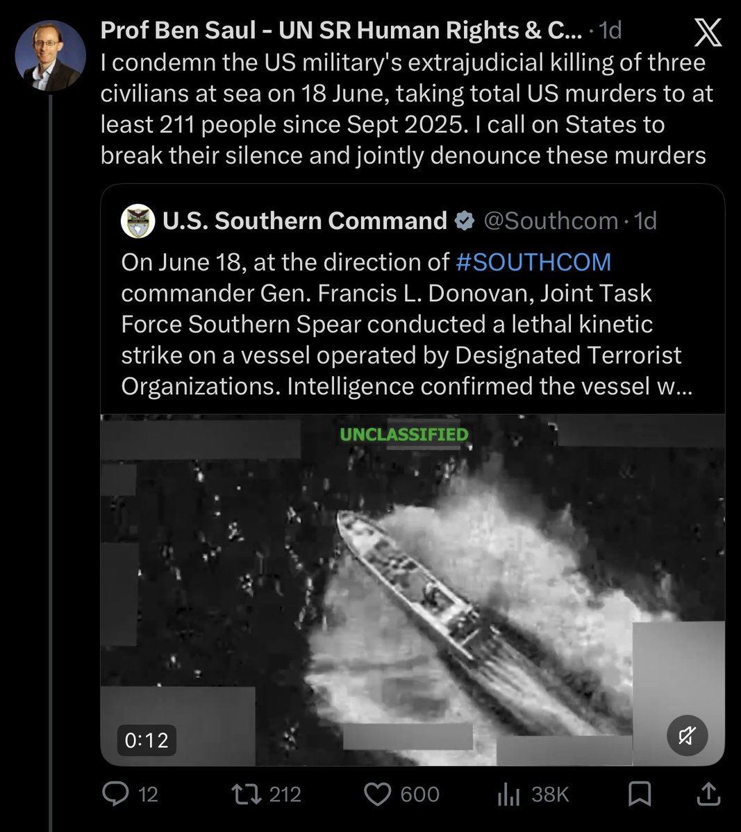 steadystate2025's tweet photo. No declaration of war. No due process. No congressional authorization.

The UN’s top expert on counter-terrorism &amp; human rights says the U.S. is committing extrajudicial killings at sea. 211 dead and counting.

Where is Congress? https://t.co/cPtl7rSRV8