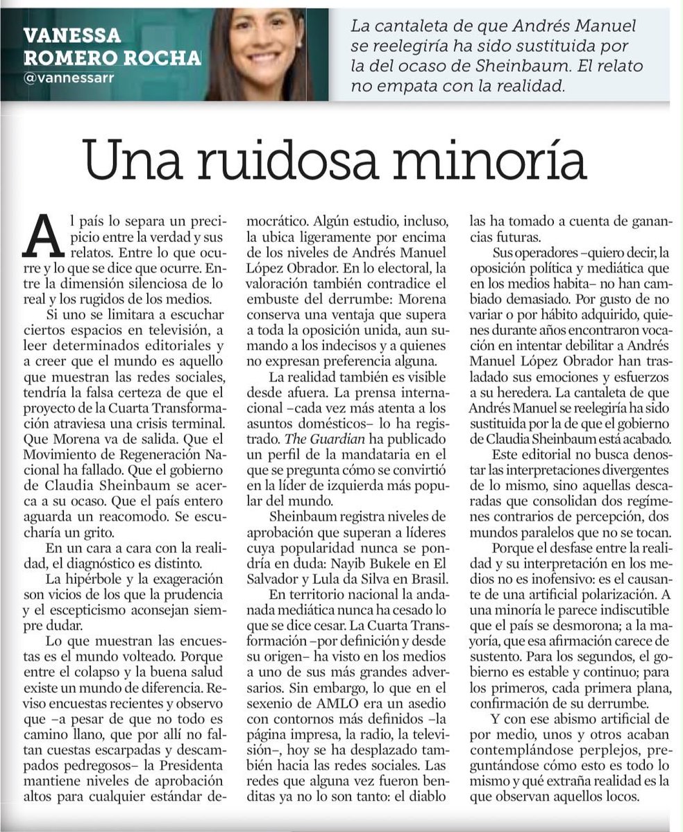 Javier_Corral's tweet photo. “Porque el desfase entre la realidad y su interpretación en los medios no es inofensivo: es el causante de una artificial polarización. A una minoría le parece indiscutible que el país se desmorona; a la mayoría, que esa afirmación carece de sustento. Para los segundos, el gobierno es estable y continuo; para los primeros, cada primera plana, confirmación de su derrumbe” no dejen de leer ‘Una ruidosa minoría’ de @vannessarr .