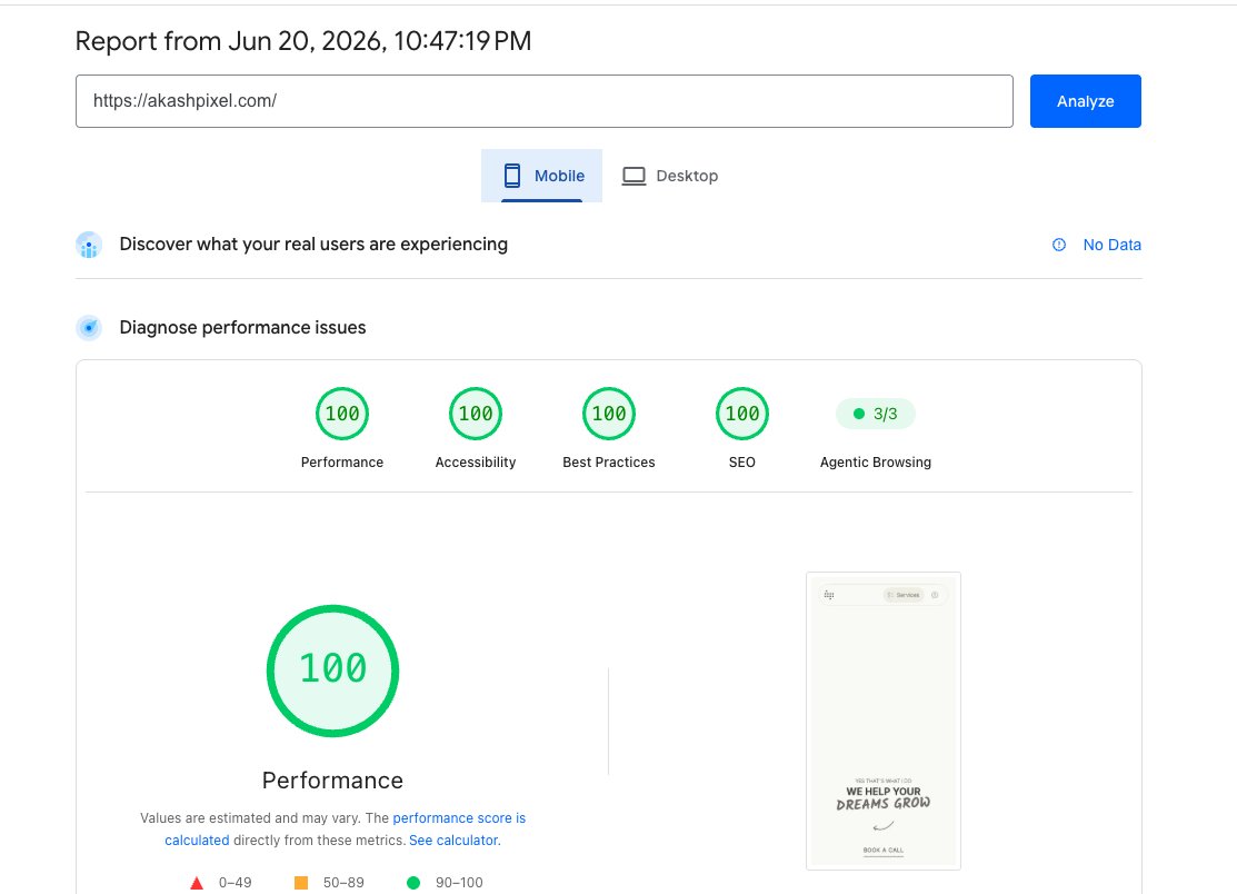 akashpixel's tweet photo. @denicmarko It’s doable 😄
For our agency site we try to hit 100 even on mobile.
Stack is Astro btw — but honestly, any clean stack can do it.
Whether 100 is necessary or just developer ego… that’s another debate 😅 https://t.co/Z61U9Xj5ra