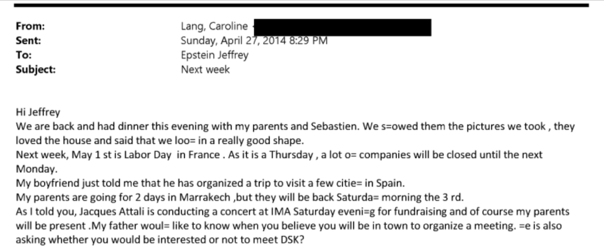 TeamFSociety1's tweet photo. #CarolineLang envoie un mail à son poto #Epstein pour lui proposer de venir à un concert organisé par #Attali à l’Institut du Monde Arabe et lui demande s’il veut le rencontrer ainsi que #DSK : 
réponse de #Epstein : 
Oui pour #DSK et ne connaît pas #Attali 
😆 https://t.co/dEWEz0RmRW