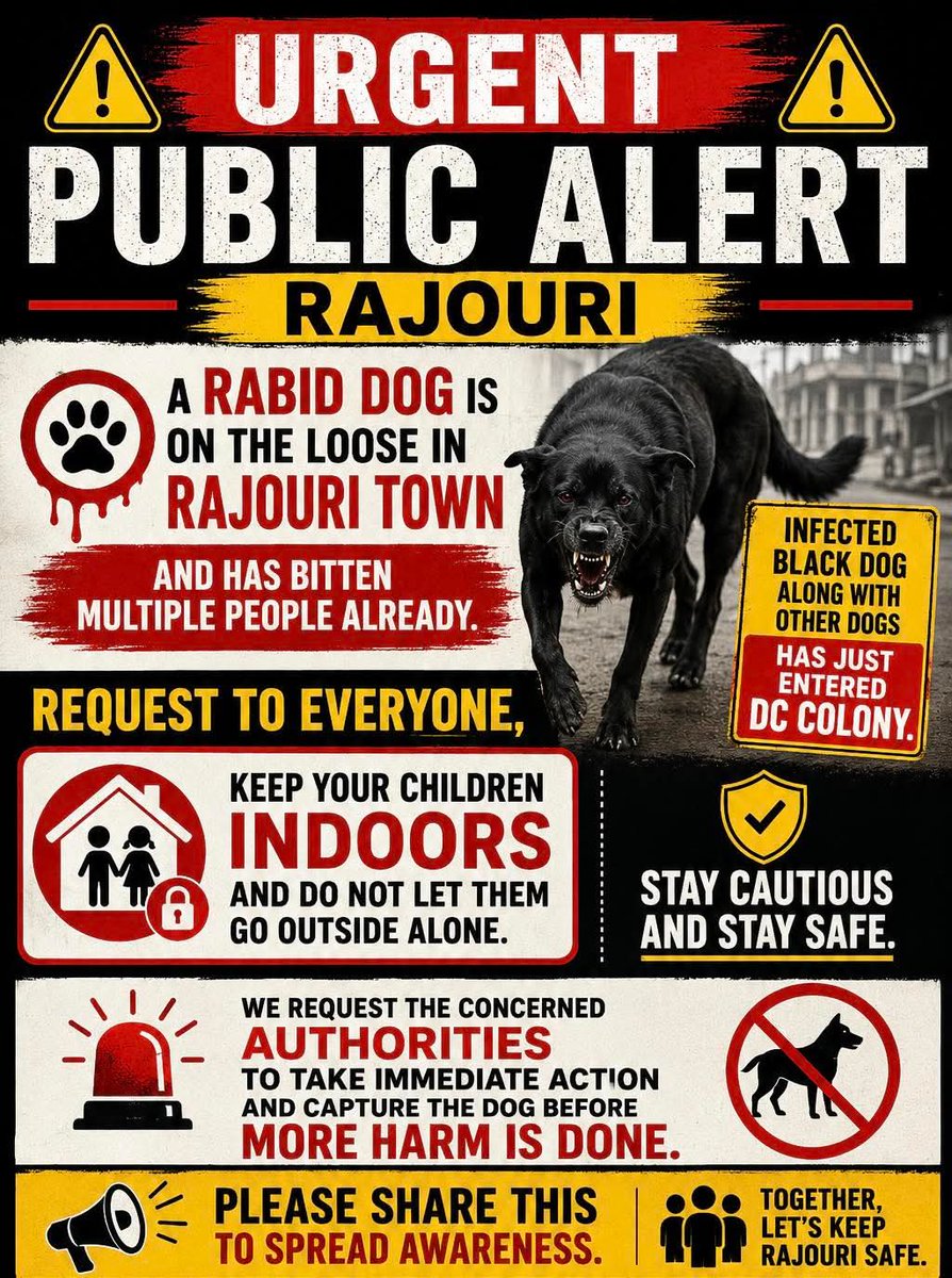 Adilthaker786's tweet photo. @dmrajouri 
A suspected rabid dog has reportedly attacked multiple people and is creating fear among residents. Its request to the distt administration  to take immediate action to locate and safely capture the dog, and take preventive measures to protect the public.#PublicSafety https://t.co/JGgnC70bLs
