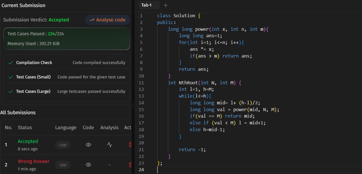 JustCoding01's tweet photo. Day-20
#SDESheetChallenge
Binary Search
✅The N-th Root of an Integer
✅Matrix Median
✅Single Element in Sorted Array
✅Search Element in Sorted &amp; Rotated Array
@striver_79 @takeUforward_

#45DaysOfCode #DSA https://t.co/1QarqN8Q5s
