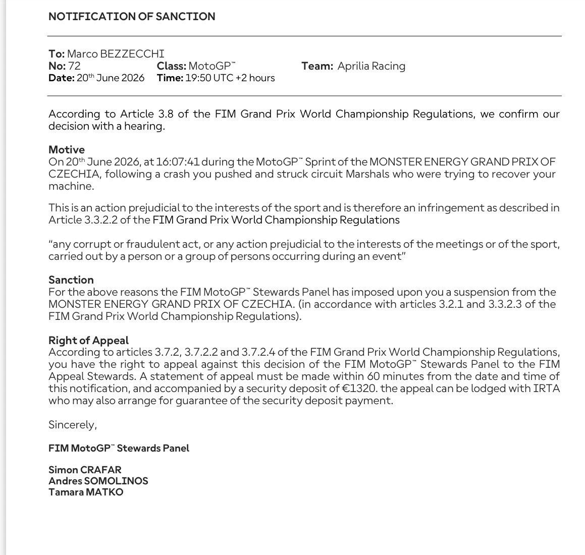 matoxley's tweet photo. #MotoGP world championship leader Marco Bezzecchi has been THROWN OUT of tomorrow's Czech GP for (twice) hitting a marshal following his sprint crash earlier today. Aprilia Racing will surely appeal the decision but I'm not sure they'll get anywhere - riders cannot hit marshals, never mind the red mist