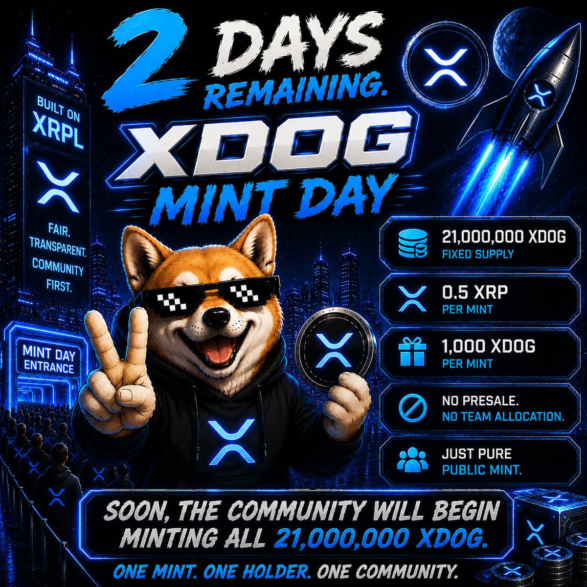 Xdogscription's tweet photo. Only 2 Days Remaining.

Soon, the community will begin minting all 21,000,000 XDOG.
One mint. One holder. One community.

#XDOG #XRPL #XRP https://t.co/aCXSpUM56s